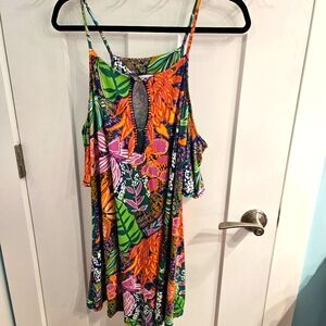 Trina Turk Tropic Escape Print Cold Shoulder Stretch Cover Up Tunic Dress